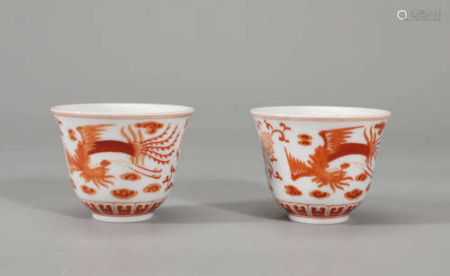 Pair of Iron-Red Glaze Phoenix&Peony Cups