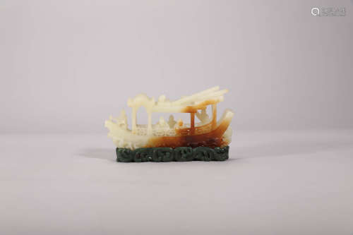 Carved White Jade Figure Story Ornament with Spinach-Green J...