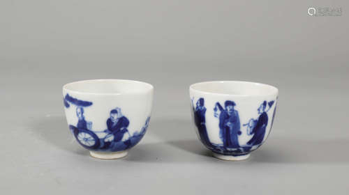 Pair of Blue and White Figure Story Cups