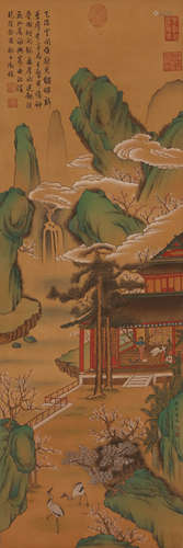 Chinese Landscape and Pavilion Painting Scroll, Qiu Ying Mar...