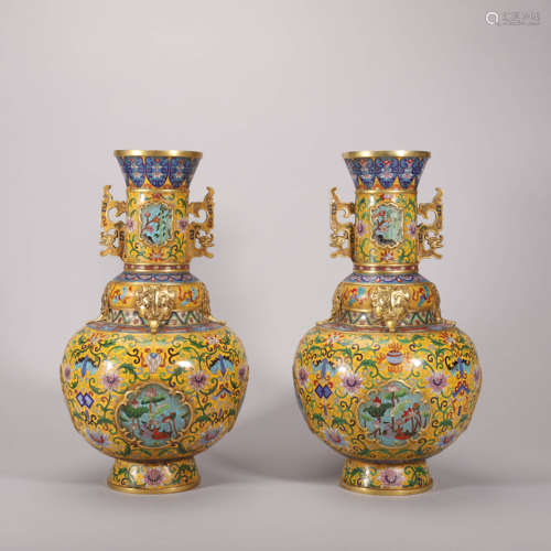 Pair of Cloisonne Enamel Interlocking Lotus Dragon-Eared Vas...