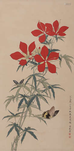 Chinese Butterfly and Flower Painting Scroll, Yu Zhizhen Mar...