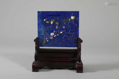 Inscribed Hard Stone Inlaid Lapis Lazuli Screen