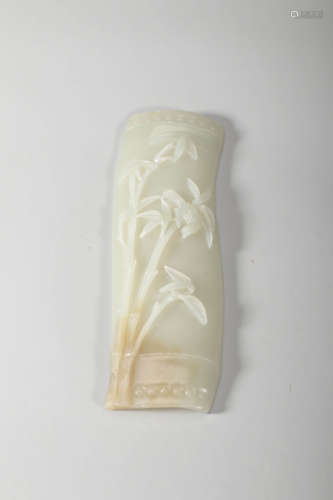 White Jade Carving Bamboo and Bird Arm Rest