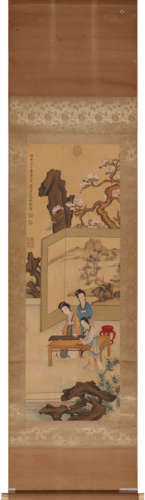 Chinese Lady Painting Painting Scroll, Leng Mei Mark