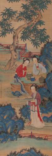 Chinese Lady Painting Painting Scroll, Leng Mei Mark