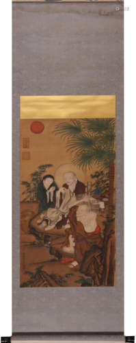 Chinese Arhat Painting Scroll, Ding Guanpeng Mark