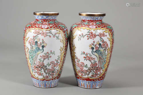 Pair of Bronze Enamel Twin-Phoenix Vases