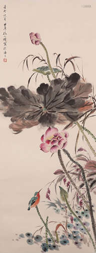 Chinese Lotus and Bird Painting, Kong Xiaoyu Mark