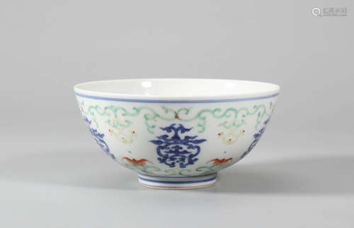 Blue and White Famille Rose Five-Bats Longevity Bowl