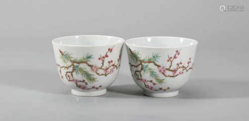 Pair of Famille Rose Inscribed Cups