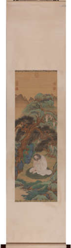 Chinese Arhat Painting Scroll, Ding Guanpeng Mark