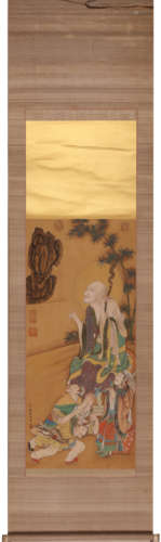 Chinese Arhat Painting Scroll, Ding Guanpeng Mark