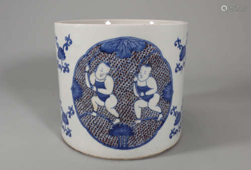 Underglazed-Blue and Copper-Red Glaze Enclosing Boys Playing...