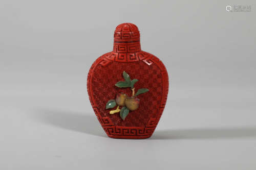 Carved Cinnabar Lacquer Key Fret Peaches Snuff Bottle