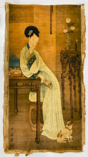 Rice Paper Chinese Old Scroll Painting Of Woman And Dog