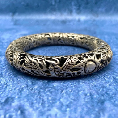 Rare Tibet Silver Dragon Carved Mens Bangle Bracelet