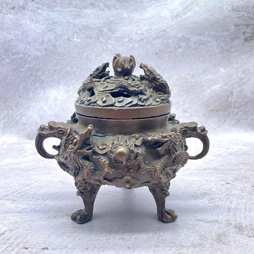 Chinese Asian Brass Metal Statue Dragon Incense Burner