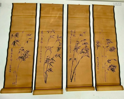 Antique Original Chinese Bamboo Scroll Paintings By Zheng Ba...