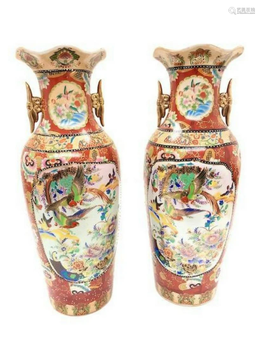 Large Pair Of Hand Painted Japanese Satsuma Vases