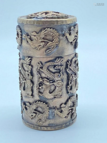 Old Silver Dragon and Phoenix Toothpick Box