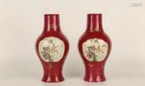 Red glazing ground flowers vases pair