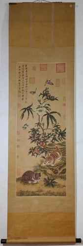 Funny cats silk scroll by Hui Shouping