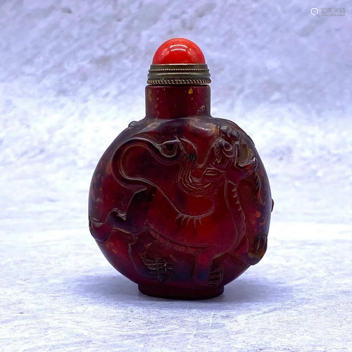 Chinese Qilin Carved Peking Glass Snuff Bottle