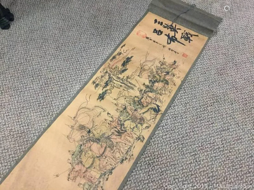 Asian Painted 4 Warriors Legend Scroll With Marks