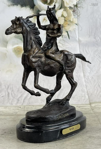 WAR Western Bronze Sculpture Native American Horseback Statu...