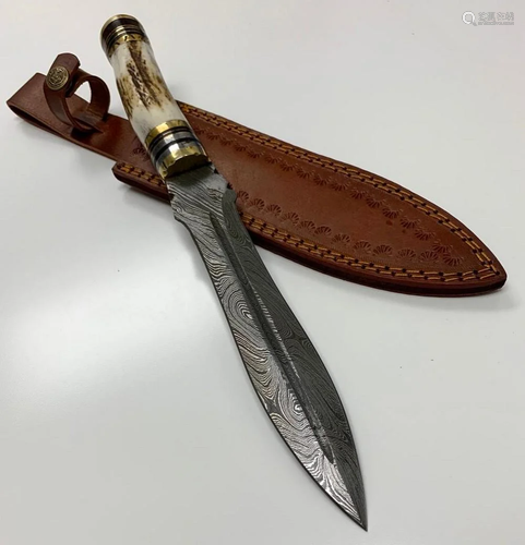 Large Spear Point Damascus & Bone Handled Hunting Blade ...