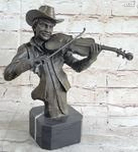 Cowboy Playing Violin Fiddle Music Bronze Sculpture Marble S...