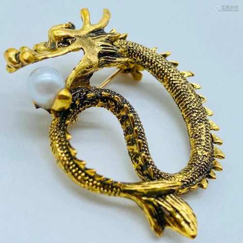 Chinese Gold Tone Dragon Brooch With Pearl