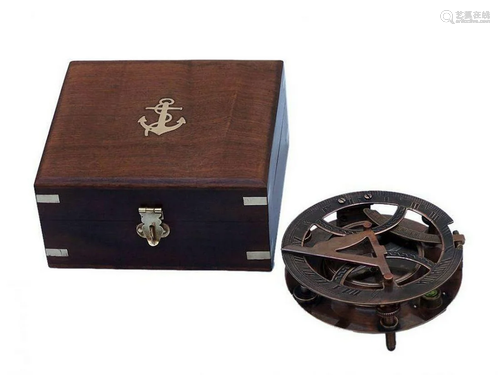 6" Antique Copper Round Sundial Compass with Rosewood