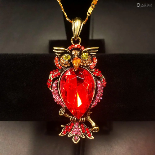 Bejeweled Red Rhinestone Enchanted Owl Pendant Paired With N...