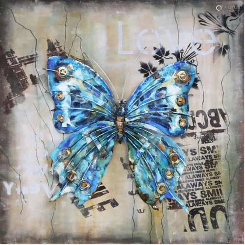 Blue Butterfly Love Oil Painting on a Metal Canvas