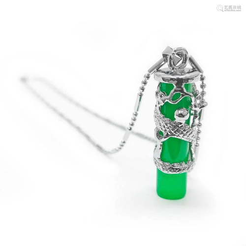 Asian Dragon Jade Cylindrical Pendant On 925 Necklace