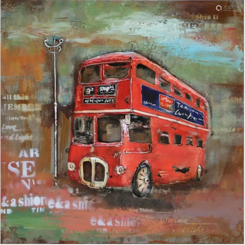 Red Double Decker Tour Bus 3D Painting on Metal Canvas