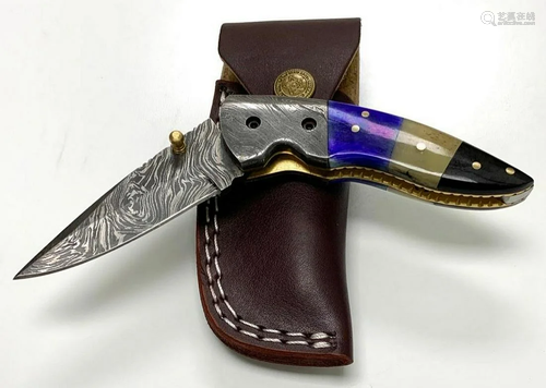 The Creator's Inlaid Riveted Damascus Flip Knife With L...