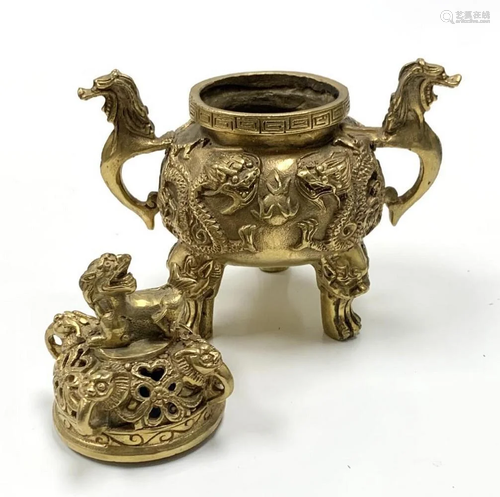 Ancient Bronze Handmade Incense Burner With Dragon Statues A...