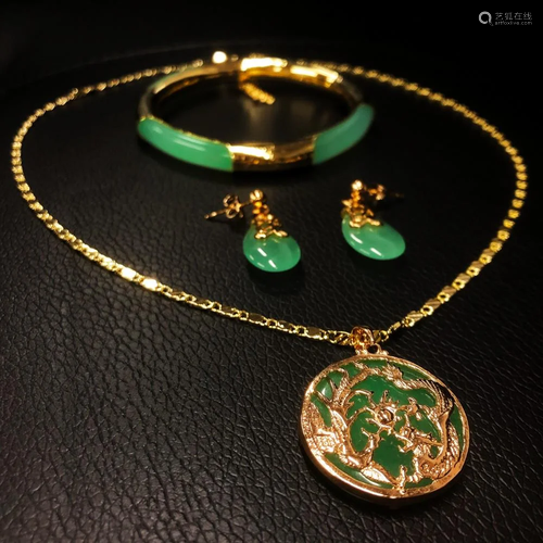 Green Jade Dragon Phoenix Necklace Earrings & Bracelet