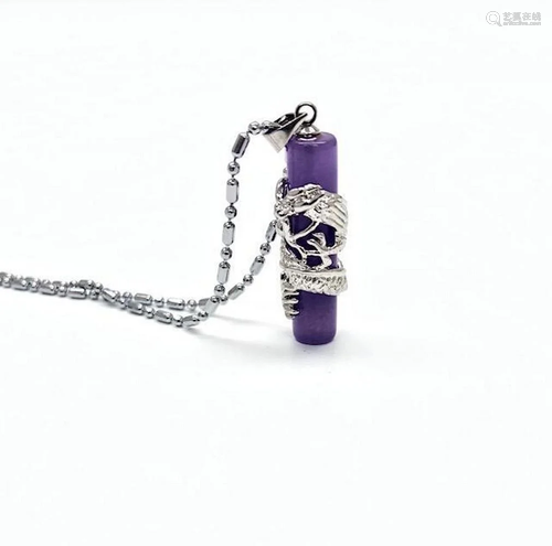 White Gold Plated Chinese Lavender Jade Pendant Dragon Pilla...