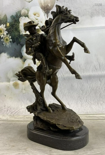 Signed Western Cowboy with Bucking Horse Bronze Sculpture Ma...