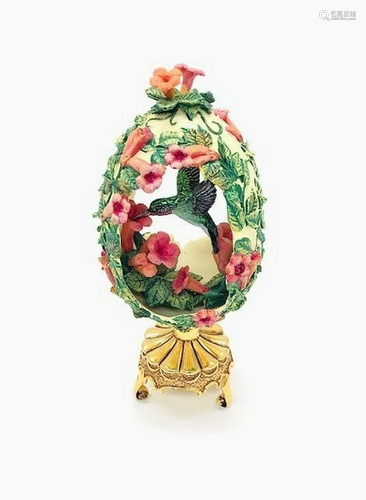 Franklin Mint Trumpet Vine Hummingbird Faberge Egg On Stand