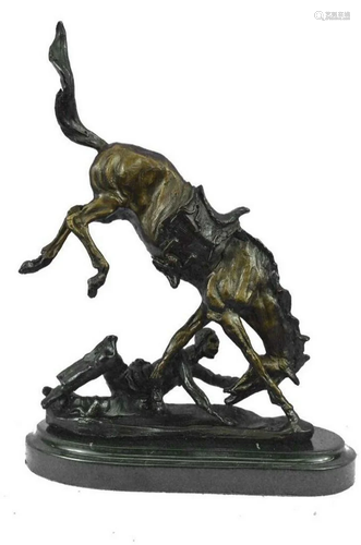 Remington Fallen Man from Horse Bronze Marble Base Statue We...