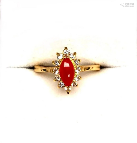 Size 6 Marquise Cut Coral Main Stone Ring Surrounded In Semi...