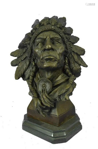 Carl Kauba Large American Warrior Bust Bronze Sculpture Marb...