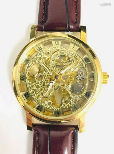 Genuine Leather Banded Skeleton Dial Automatic Watch