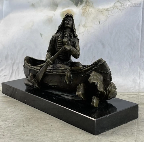 Native American Indian Man in Canoe Bronze Statue Sculpture ...