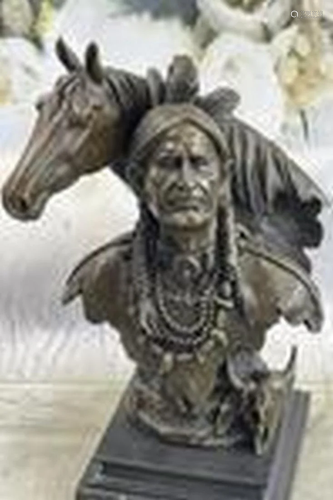 Native American Man & Horse Bronze Bust Statue Sculpture...